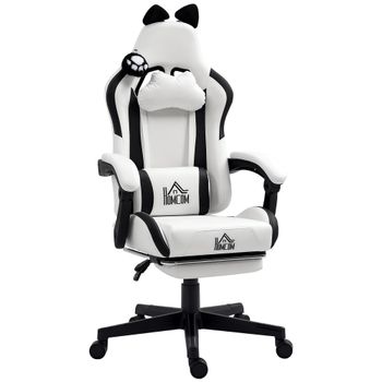 HOMCOM Silla Gamer Balnca Reclinable con Altura Ajustable Reposapiés Retráctil Soporte Lumbar y Reposacabezas Desmontable Blanco   Aosom España