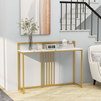 Mesa De Entrada Con Superficie De Mármol Artificial Y Estructura De Metal Dorado 120 X 32 X 89 Cm Blanca Cfw24789