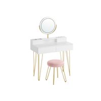 tocador con taburete e iluminacion blanco mate  dorado palido  80a cm