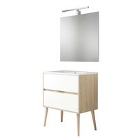 kibath mueble de bano con lavabo espejo y aplique led noruega 80x45 cm acabado roble y blanco mate 2 cajones suspendido