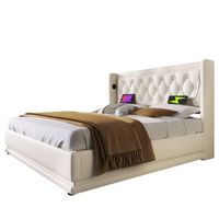 cama de 160x200 cm material pu blanco cama con almacenamiento hidraulico cabecera acolchada con puerto de carga usb-c funcion de led de 3 lados sin colchon