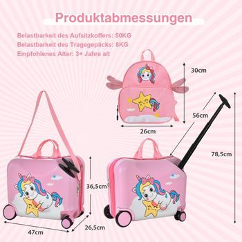Maleta Infantil De 2 Piezas + Mochila Maleta Correpasillos De 47 Cm De Largo Y Mochila De 30 Cm De Ancho Unicornio Rosa