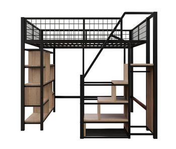 Cama alta multifuncional 140x200 cm - con almacenamiento, estantes y escalera - color negro