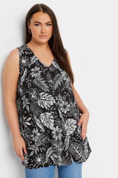 Yours Blusa Negra De Pico Con Hojas, Mujer Curvy Y Tallas Grandes, Yours