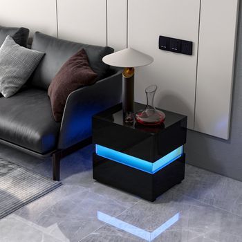 Mesita De Noche Led Con Cajones Control Remoto 22 Modos Dinámicos Mesilla Auxiliar Moderna Para Salón Dormitorio 45 X 35 X 45 Cm Negro Cfw99572