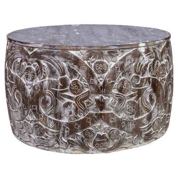 Mesa de centro redonda de madera tallada artesanal marron 76x76x45