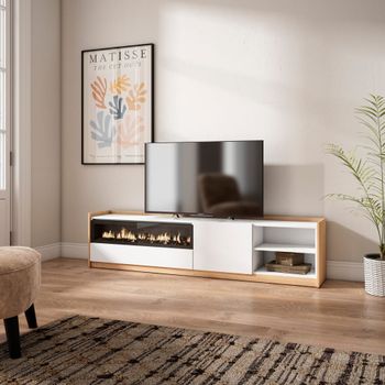 Mueble tv efecto madera blanco roble 208x37x50cm chimenea efecto fuego