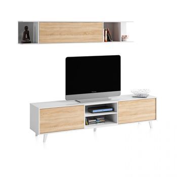 Salón Con Mueble De Tv Y Módulo Superior 180 Cm Niva Blanco Brillo - Roble Canadian 180 X 54 X 41 Cm