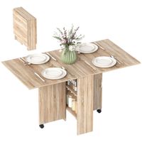 homcom mesa plegable de cocina con 2 alas abatibles de madera 2 estantes y ruedas para cocina comedor 75x140x74 cm madera natural   aosom espana