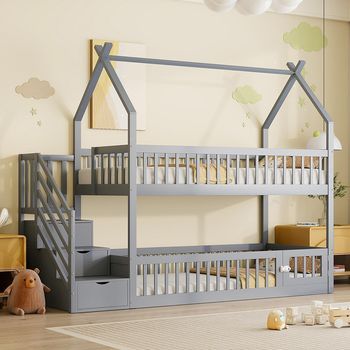 Litera Infantil 90 X 200 Cm, Madera Maciza, Techo, Escalera, Cajones – Gris