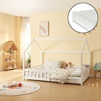 cama infantil hesel en forma de casa con reja y colchon 120x200cm - blanco encasa