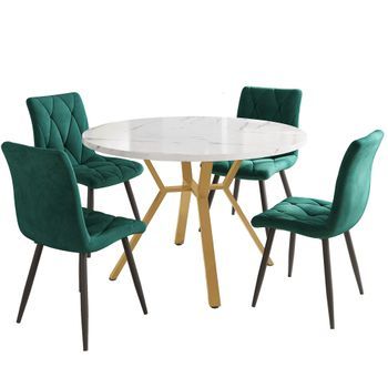 Conjunto De Mesa Redonda De 100 Cm Con Base Dorada Y 4 Sillas Verdes