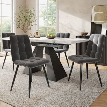 Juego De Comedor - Mesa Y 4 Sillas - Mdf, Metal Y Terciopelo - Blanco Y Gris (159x74x77cm)
