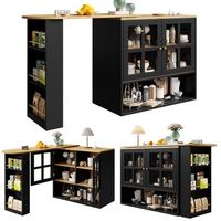 isla de cocina negra con almacenaje y mesa de bar giratoria 360 grados extensible 138-204cm madera mdf negro