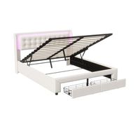 cama con canape abatible 160x200 cm terciopelo led en cabecero y 2 cajones de almacenaje beige claro