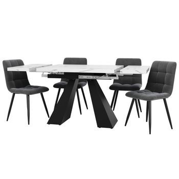 Conjunto De Comedor: Mesa Extensible Efecto Mármol Blanco Y 4 Sillas Grises