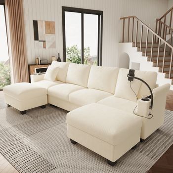 Sofá Esquinero Modular De 4 Plazas Con Soporte Para Teléfono Y Puerto Usb - 275,5 X 139 X 87 Cm - Pana - Beige