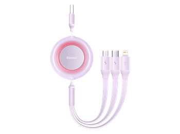 Cable USB - Baseus 3-en-1 Bright Mirror, retráctil, Carga rápida multidispositivo, a USB-C-Lightning-Micro, 110 cm, 3.5A, Morado