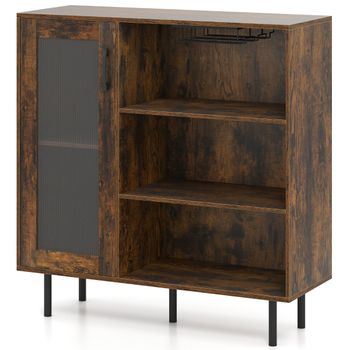 Costway Armario para Vinos con 3 Compartimentos Abiertos Soporte para Copas Estante Ajustable Sola Puerta para Cocina 95 x 35 x 98 cm Marrón
