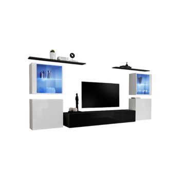 Conjunto De Muebles De Salón Mural Switch Xiv De Diseño, En Colores Negro Y Blanco Brillante.