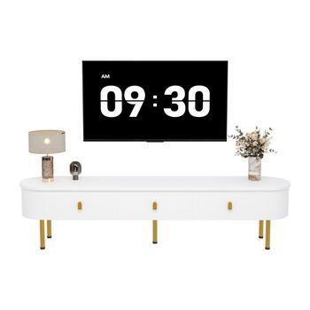 Mueble De Tv Blanco Y Dorado, Mesa Para Tv 174 Cm Con 3 Cajones Y Bordes Curvos, Fabricado En Mdf.