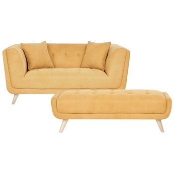 Sofá 2 Plazas De Tela Con Otomana Cojines Decorativos Patas De Madera Capitoné Estilo Retro Mostaza Habo