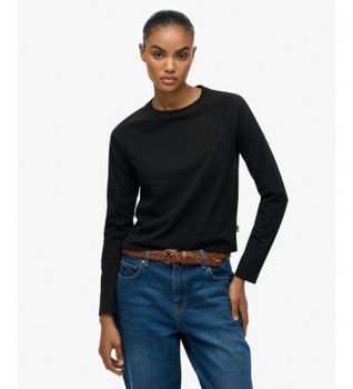 Superdry para mujer. W6012253A Camiseta Essential Logo negro (S), Casual, Algodón, Manga larga