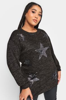 Yours Luxury Jersey De Punto Negro Con Estrellas De Lentejuelas, Mujer Curvy Y Tallas Grandes, Yours Luxury Capsule Collection