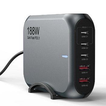 [GaN Tech] Cargador Bakeey de 188W 5 puertos USB PD 2USB-A+3USB-C PD3.1 UFCS Estación de carga rápida de escritorio Ench