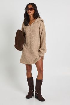 Vestido Petite Mini Oversize De Borreguito Con Cuello, Beige