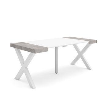 Mesa Consola Extensible, Mesa Comedor Plegable, 180, Para 8 Comensales, Patas Madera Maciza, Estilo Moderno, Blanco Y Cemento