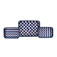 juego de 3 bandejas con cuadros y rayas azul y blanco