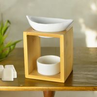 quemador de perfume bambu y hojas en ceramica lacada blanca - h15cm