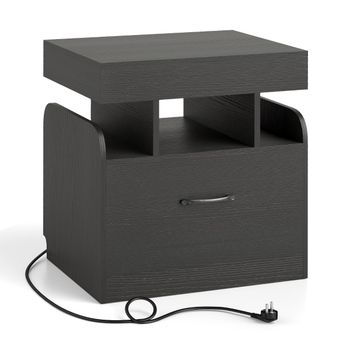 Costway Mesita de Noche con 2 Tomas de Corriente 1 Puerto USB 1 Puerto Tipo-C con Cajón Estantes Mesilla de Noche Dormitorio 50 x 40 x 55 cm Negro