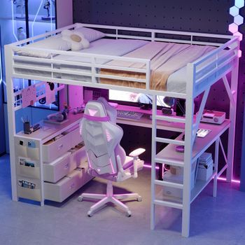 Cama Alta De Metal Blanca De 140 X 200 Cm Con Escritorio En U Y Luces Led