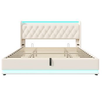 Cama Con Almacenaje De Piel Sintética De 180x200cm Con Led Y Enchufes Usb Y Tipo C Blanco