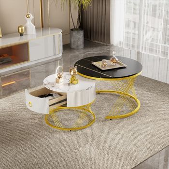 Set De 2 Mesas De Centro - Mueble Para Salón - Mdf - Blanco Y Dorado (70x70x45cm)