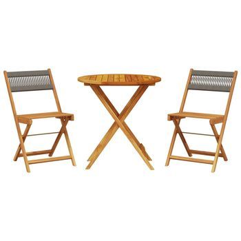 Juego De Bistro De 3 Uds | Conjunto Mueble Jardin Mesa Y Sillas Polipropileno Y Madera Maciza Gris