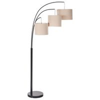 lampara de pie industrial de 3 luces pantallas de lino metal base de marmol beige y negro caroni