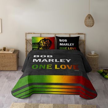 Marley - Colcha Bouti Estampada Cama 180 - Microfibra - Extra Suave - Incluye Colcha Bouti + 2 Fundas De Cojines - One Love