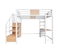 cama alta 140x200 - metalica con escritorio estantes barra de ropa luz led y enchufe - blanca