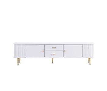 Mueble tv 160 cm - con cajones, esquinas curvadas, diseño ondulado en los laterales, asas y patas doradas - blanco