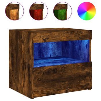 Mesita De Noche | Mesa Auxiliar | Mesilla Con Luces Led Roble Ahumado 50x40x45 Cm