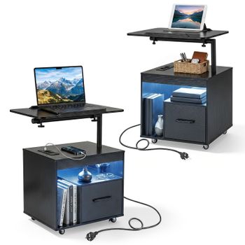 Costway Set de 2 Mesitas de Noche Ajustable con Luz LED Enchufe USB y Ruedas Bloqueables Almacenamiento con Cajón 60 x 40 x 74 cm Negro