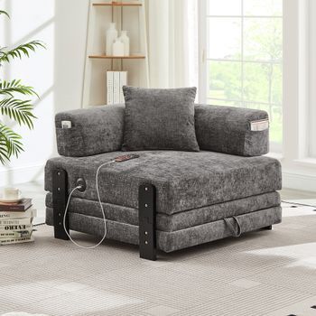 Sofá-cama 2-en-1 Convertible Con Puerto Usb/type-c Y Almacenamiento, Compacto Para Espacios Pequeños, Habitación De Invitados Color Gris Oscuro