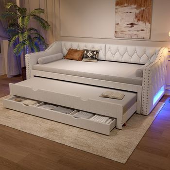 Cama Diván Tapizada 90 X 200 Cm Con Cama Nido, Tres Cajones Y Luces Led