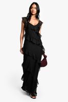 vestido maxi de tirantes y chifon con volante negro