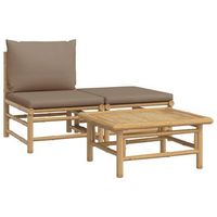 conjunto de muebles de jardin 3 uds  mesa y sillas bambu y cojines gris taupe