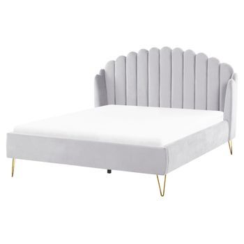 Cama Con Somier De Terciopelo Gris Claro Dorado 160 X 200 Cm Cabecero Ambillou