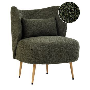 Sillón Salón Respaldo Curvo Diseño Glamuroso Tapicería Bouclé Patas De Metal Madera Clara Verde Oscuro Otsby Ii